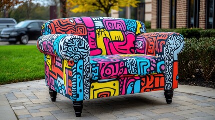 Colorful, patterned armchair situated outdoors.
