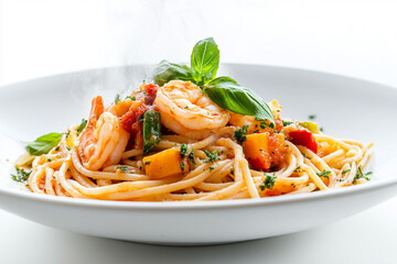 Spaghetti with shrimps, tomato and chopped parsley. AI generative