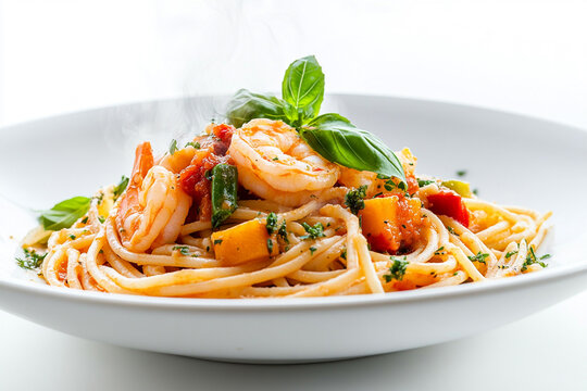 Spaghetti with shrimps, tomato and chopped parsley. AI generative
