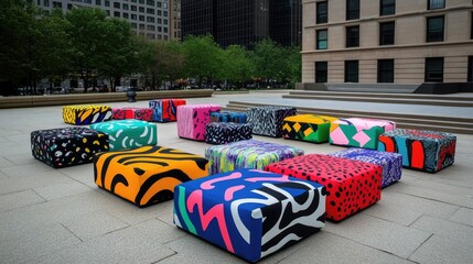 Colorful, patterned seating arrangements in a public urban space.