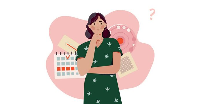 Different types of female contraception. Moving banner with woman thinking about appropriate method of contraception to protect against sexually transmitted diseases. Flat graphic animated cartoon