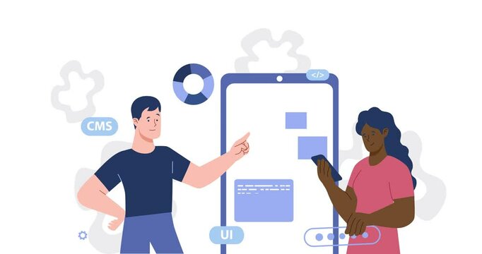 UX and UI designers. Moving banner with man and woman programmers or engineers creating software for digital product. Development and coding. Flat graphic animated cartoon