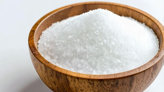 Heap of white crystalline substance in wooden bowl on white background for ingredient uses.