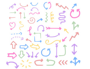 Set of simple hand drawn pastel arrows doodle on white background.Colorful element or banner.Collection of line and curve.Sign, symbol, icon or logo isolated.Flat design.Graphic.Vector illustration.