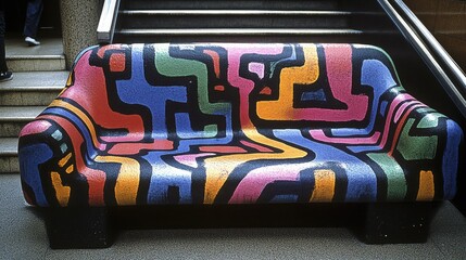 Colorful, abstractly patterned bench sits on steps.