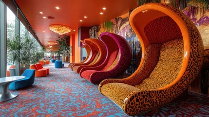 Vibrant lounge area with unique, colorful seating.
