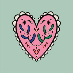 Sacred Mexican heart, my heart. Cartoon style. Hand drawn color postcard. Love romantic concept. Fashion vector illustration.