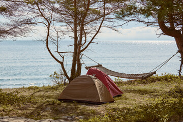 Two tents and hammock are set up beneath trees on tranquil beach. Scene embodies relaxation,...
