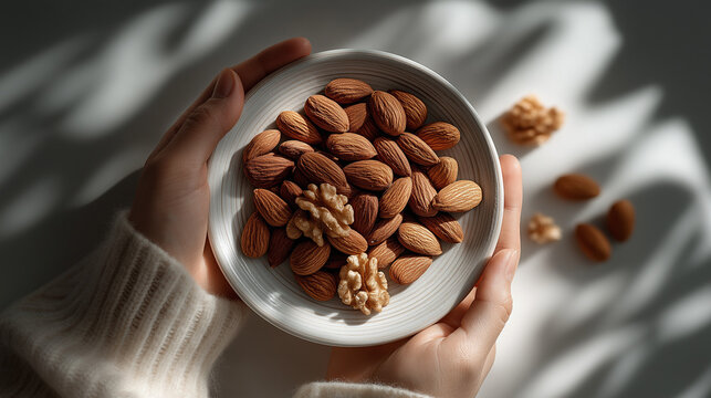 Assorted organic almonds in ceramic bowl held by hands on white background, healthy vegan snack, top view macro