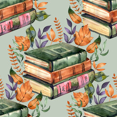 Watercolor Autumn Cottagecore Old Books Seamless Pattern, Vintage Reading Routine Texture