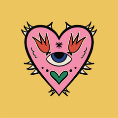 Sacred Mexican heart, my heart. Heart with eye and pattern. Cartoon style. Hand drawn color postcard. Love romantic concept. Fashion vector illustration.
