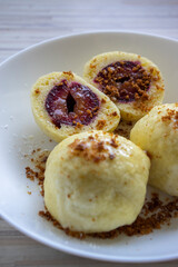 Sweet plum dumplings on white plate, with white sugar icing and grated gingerbread, delicious czech cuisine