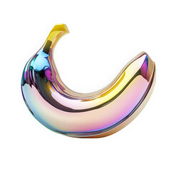 Melting chrome banana in holographic Y2K design. Iridescent pastel tones, shiny liquid metal surface, shape with a dreamy reflective glow.