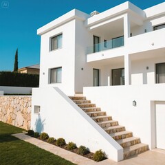 White Modern Villa with Stone Steps and Sunny Exterior
