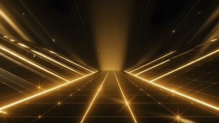 abstract black background with yellow gold neon lighting laser lines and retro sci-fi grids floor
