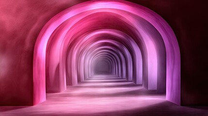A vibrant, arched passageway bathed in deep pink and purple hues.