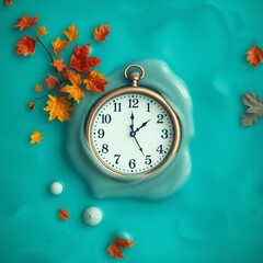 Clock surrounded by autumn leaves on a turquoise background during fall season