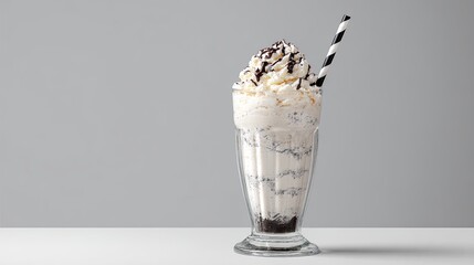 Vanilla milkshake with whipped cream, chocolate sprinkles, and striped straw in glass on gray background