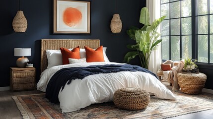 Bedroom featuring a woven headboard, orange pillows, and a large window with natural light shining in