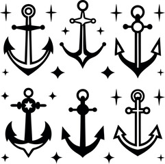 A nautical themed pattern showcasing six different anchor designs in black and white © Shuvo