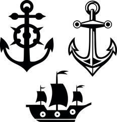 Nautical Themed Black and White Silhouette Set with Anchors and a Ship