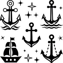 Nautical themed graphic with anchors, ship and stars in black and white