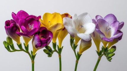 Colorful freesia flowers isolated on white background in full bloom