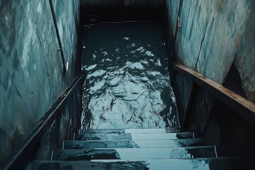 Flooded Basement with Water Covering Floor and Stairs Leading Down to the Wet Area