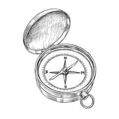 vintage pocket compass vector line art hand drawn illustration © Garage graphic.std