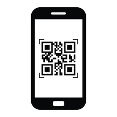 Minimalist black outline smartphone held vertically. Screen displays centered black and white QR code. Straight-on view, clean illustrative style. Isolated on white, no background. Simple digital tech