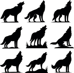 Nine howling wolf silhouettes in different stances against a white background