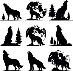 Silhouette Collection of Wolves Howling at the Moon with Pine Trees