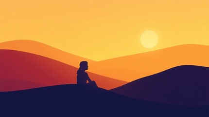 Person sitting on a hillside at sunset with warm golden hues in a serene desert landscape