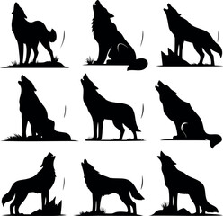 Silhouette of wolves howling at the moon in different poses compilation