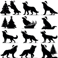 Collection of Christmas Themed Black Silhouette Drawings of Dogs in Various Poses