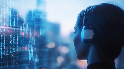 Sleek Futuristic Earpiece Featuring Next-Gen AI Assistant with Defocused Urban Ambience and Ample Copy Space on Right