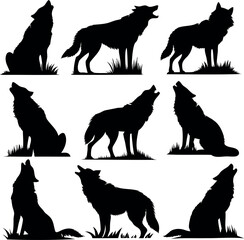 Silhouette of Wolves Howling at the Moon in Various Poses