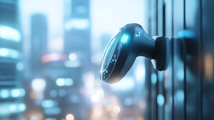 Sleek Futuristic Earpiece Featuring Next-Gen AI Assistant with Defocused Urban Ambience and Ample Copy Space on Right