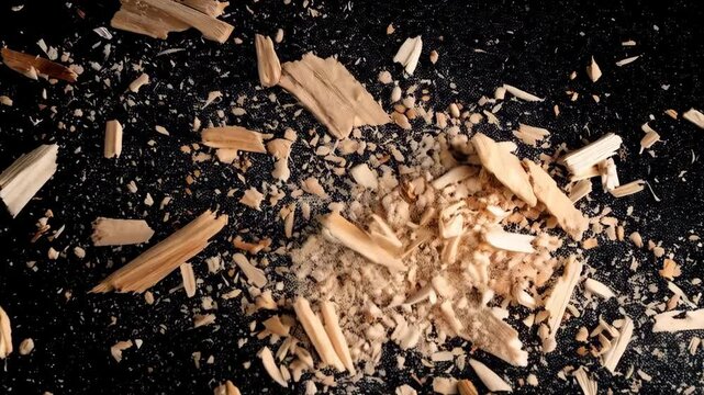 Top view of wood splinters and sawdust scattered on a dark background, showing texture, shape and color variations in an abstract style.