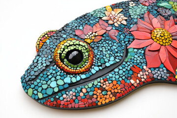 Colorful lizard with flowers is made of tiny stones and it is on display with a smooth surface, presenting a cheerful and vibrant image with many bright colors.