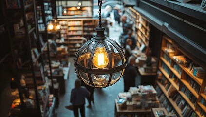 Fototapeta premium Overhead View of Pendant Lamp in Bookstore with Warm Lighting and People Browsing Shelves