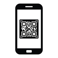 Minimalist black outline smartphone held vertically. Screen displays centered black and white QR code. Straight-on view, clean illustrative style. Isolated on white, no background. Simple digital tech
