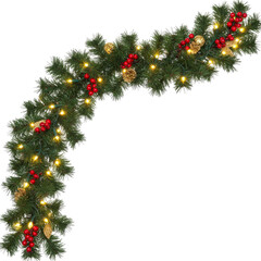 Christmas Decorated Wreath Isolated on transparent background, Christmas waved garland with red pionsettia flower, pine twigs and decorations PNG


