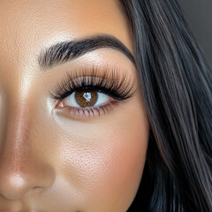 Fototapeta premium Close-Up of Wispy Mega Volume Lash Extensions on Model, Fluffy Eyelashes, Brown Eyes, Glam Eye Makeup, Lash Tech Client Photo, Natural Looking Lash Set