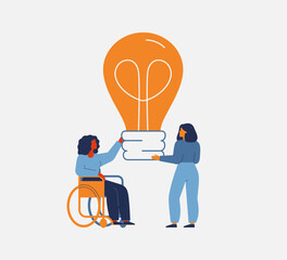 Sharing ideas and knowledge with others. Two women hold big light bulb together. Entrepreneurs have creative business solution or start up. Vector illustration
