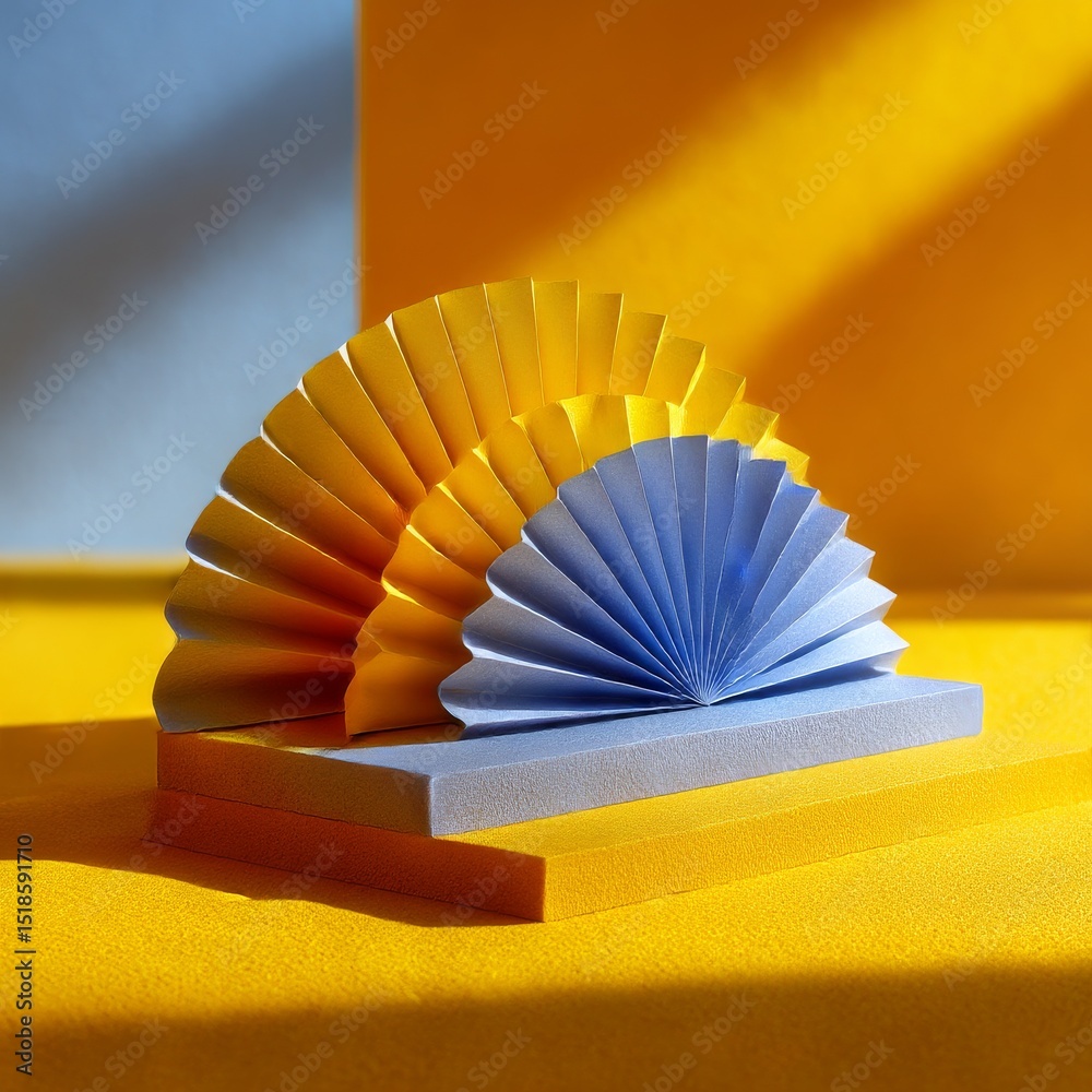 Aufkleber Abstract Paper Fans on Yellow and Blue Background with Playful Shadows, Creating a Dynamic and Colorful Composition.