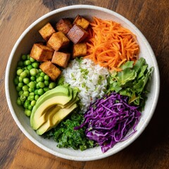 Healthy tofu bowl with vegetables on white background