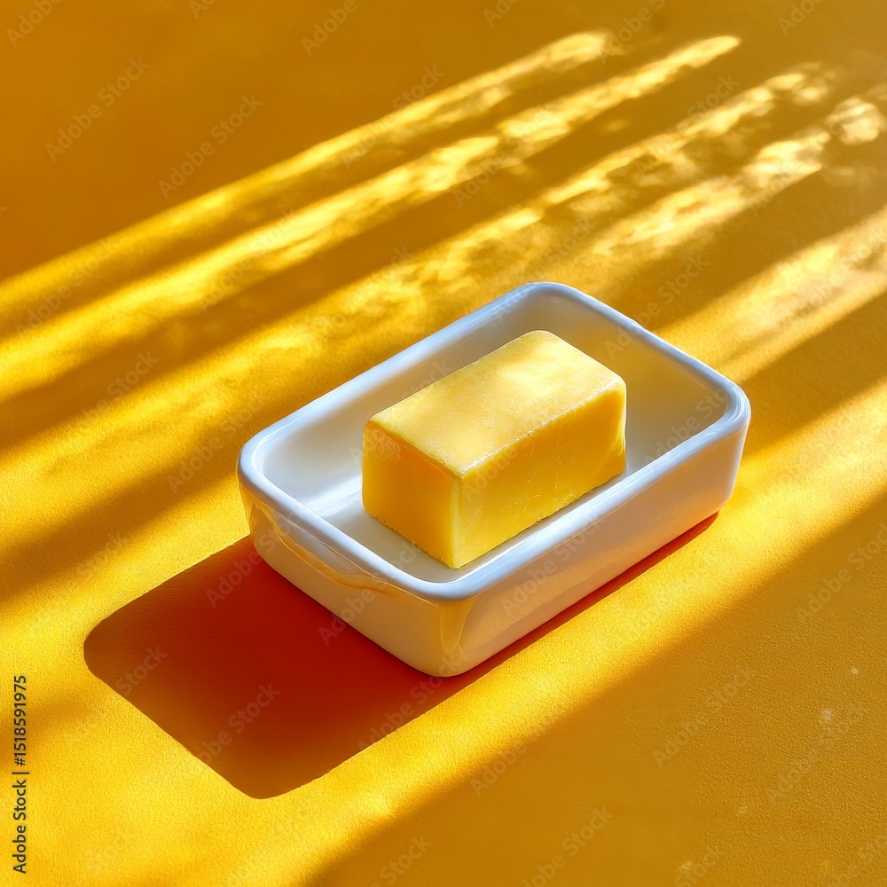 Poster golden light on soap: minimalist still life with warm tones and geometric shadows creating depth