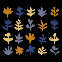 Big set of different abstract plants. Hand drawn doodles. Modern fashion illustration. Flat design, cartoon drawing, vector.