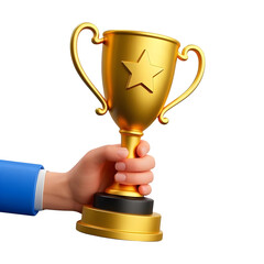 Hand holding golden trophy with star isolated on transparent background